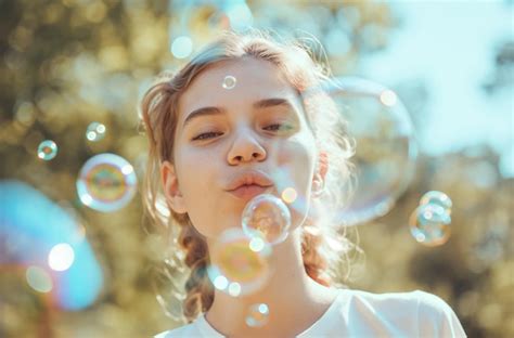 Premium Photo Girl Blowing Bubbles Outdoors