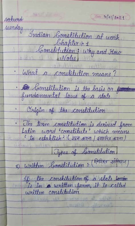 Indian Constitution At Work Handwritten Notes In English For Class 11th