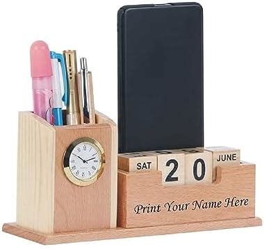 SHIVOM CRAFTS Wooden Desk Organizer With Clock Wooden Mobile Holder