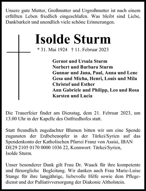 Traueranzeigen Von Isolde Sturm Trauer Anzeigen De