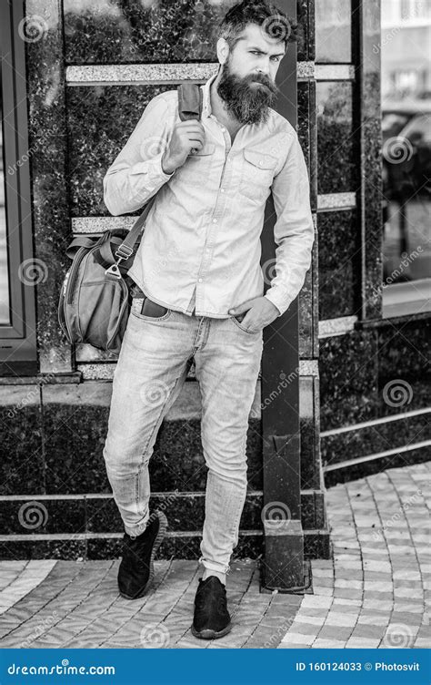Mature Hipster With Beard Bearded Man Walking On Street Modern Male