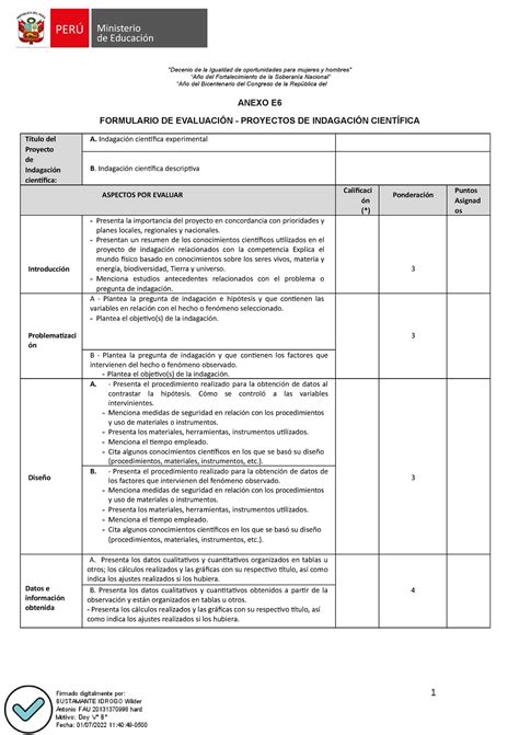 Formularios PARA EL Jurado Calificador Eureka ANEXO E FORMULARIO DE