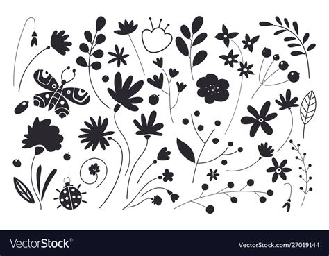 Set flowers and leaves leaf black silhouettes Vector Image