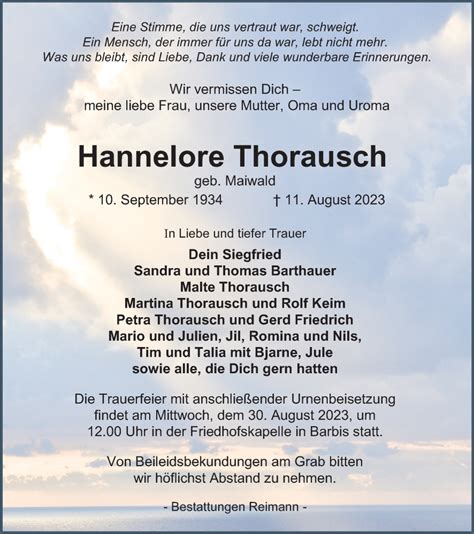 Traueranzeigen Von Hannelore Thorausch Harztrauer De