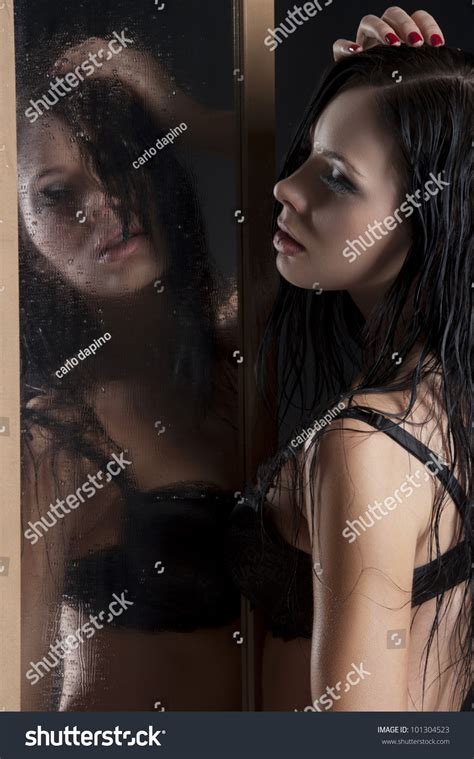 Sexy Beautiful Girl Black Lingerie Playing Stock Photo 101304523