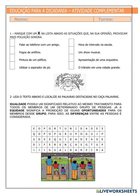 Atividade Complementar Educação para a cidadania worksheet Workbook