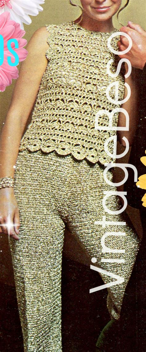 Vintage 1970s Crochet Sexy Gold Top Crochet Pattern Shorts Pants