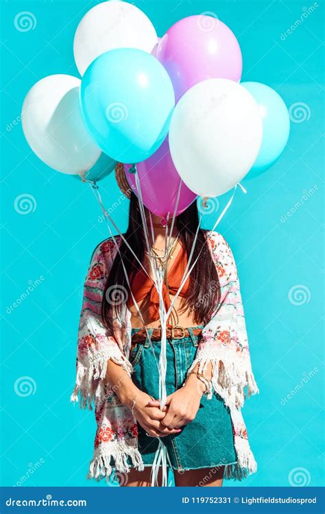 Hippie Woman Covering Face With Balloons Stock Image Image Of