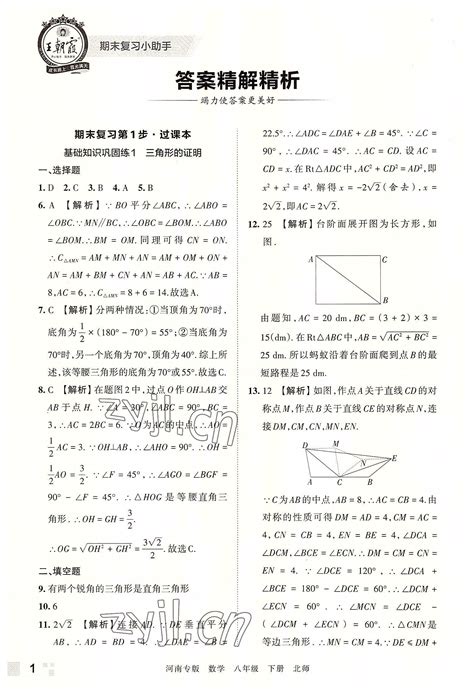 2022年王朝霞各地期末试卷精选八年级数学下册北师大版河南专版答案——青夏教育精英家教网——