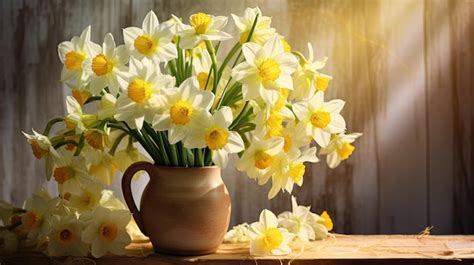 Premium Ai Image A Photo Of A Bouquet Of Daffodils Rustic Wooden Backdrop