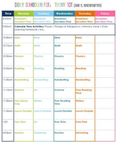 Kindergarten Homeschooling Schedule - Kindergarten