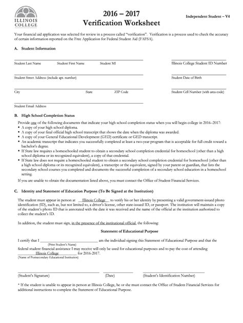 Fillable Online Independent Student V Verification Worksheet