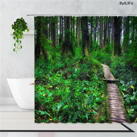 Green Jungle Plant Path Landscape Shower Curtains Tropical Forest Palm