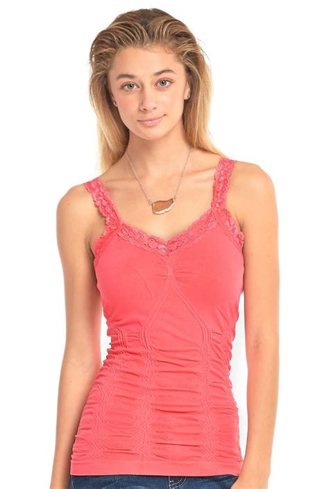 72 Units Of Mopas Ladies Wrinkled Camisol With Lace In Fuschia Womens Camisoles And Tank Tops