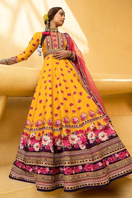 Buy Yellow Anarkali Natural Silk Printed Floral Motifs Round Inayat