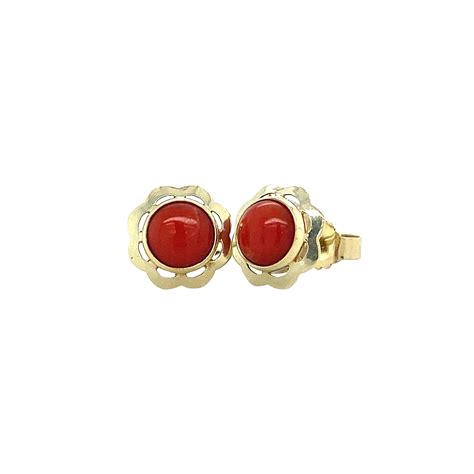 Gold Ear Studs With Red Coral 14 Krt Vintage Jewellery