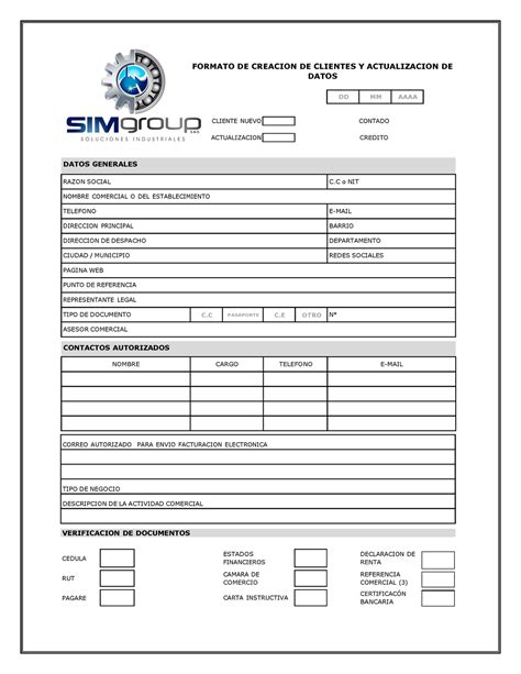 Creacion Y Actualizacion De Cliente Formato De Creacion De Clientes Y