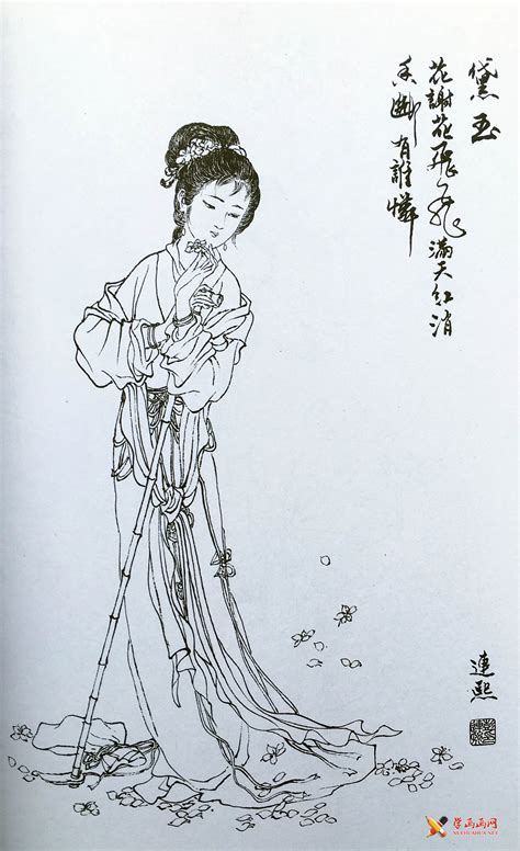 白描仕女图《黛玉葬花》 露西学画画