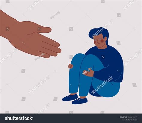 Human Hand Helps Sad Black Man Stock Vector Royalty Free 2119253135