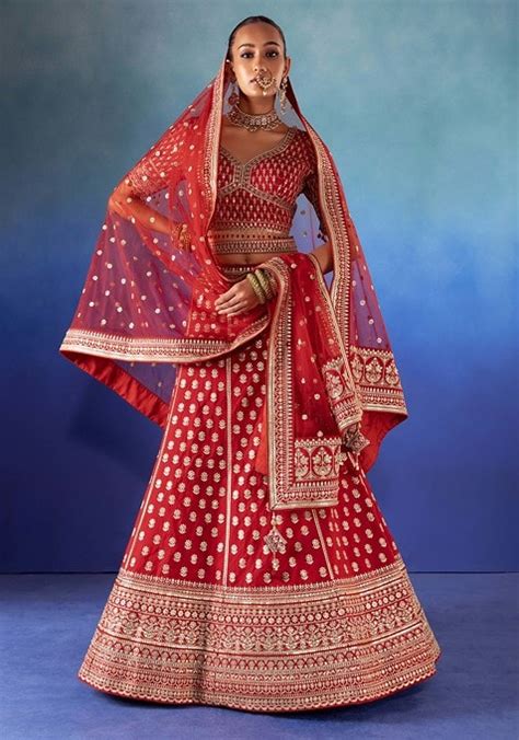 Buy Women Red Zari Embroidered Silk Bridal Lehenga And Blouse Set With