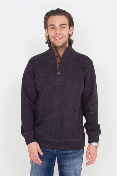 R Options Button And Zip Neck Elbow Patch Sweater For Men In Charcoal Grey Men Sweater Elbow