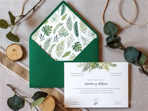 Invitación de boda Clásica hojas verdes con sobre Sencilla y Elegante