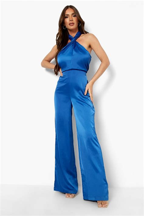 Satin Halter Neck Twist Wide Leg Jumpsuit Boohoo