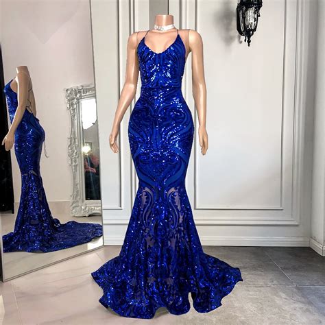 Luluslly Royal Blue Spaghetti Straps Sequins Prom Dress Mermaid Sleeveless