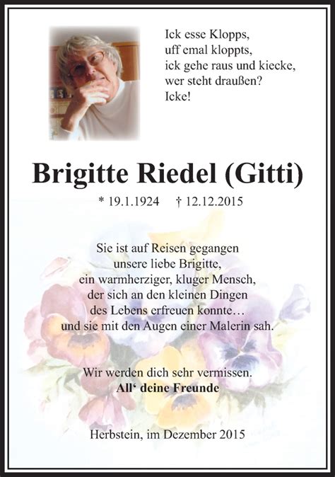 Traueranzeigen Von Brigitte Riedel Vrm Trauer De