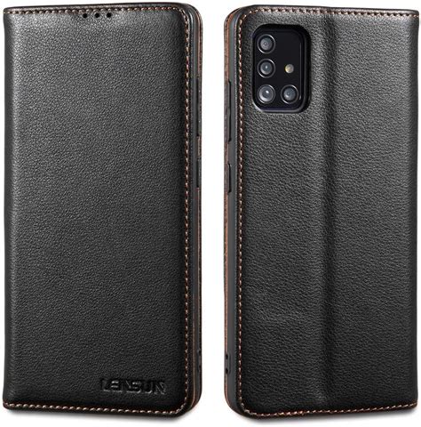 Lensun Samsung Galaxy A51 Leather Case Wallet Flip Genuine Leather Folio Phone Case