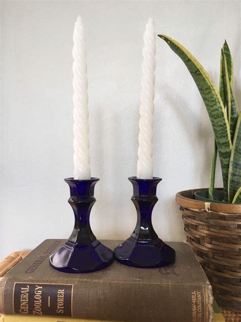 Pair Of Cobalt Blue Glass Candlestick Holders Etsy Glass