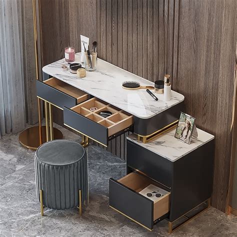 Modern Black Makeup Vanity Sintered Stone Top Expandable Dressing Table With Cabinet Homary