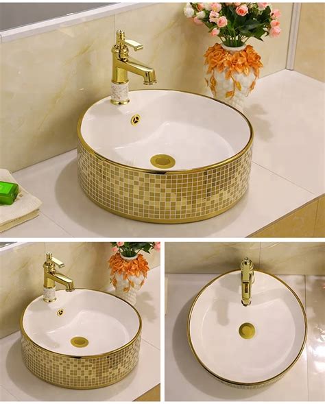 Sanitary Ware Saudi Arabic Golden Bathroom Sinks With Faucet Hole