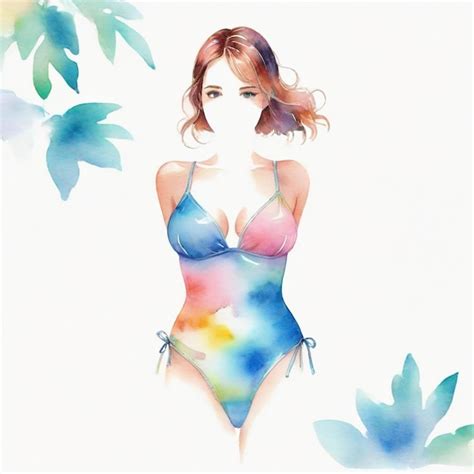 A Drawing Of A Woman In A Bikini With Leaves And Watercolors Premium