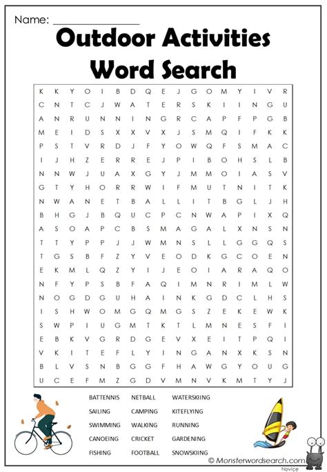 Outdoor Activities Word Search Monster Word Search