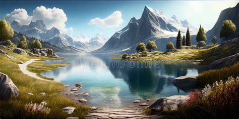 Mountain Landscape Lake And Mountain Range Large Panorama Ai