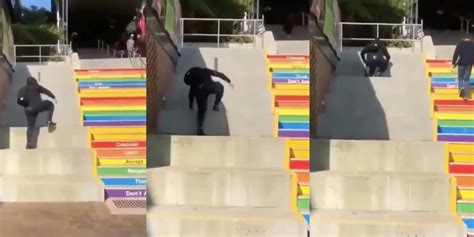 This Homophobe Really Really Does Not Want To Use Rainbow Stairs