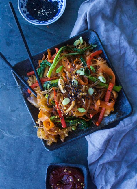 Spicy Vegan Japchae {Korean Stir Fried Noodles} - Earth & Oven