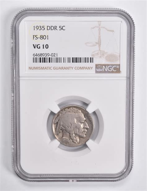 VG10 1935 Indian Head Buffalo Nickel DDR FS 801 NGC Property Room