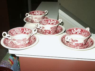 SPODE TOWER PINK RED 4 Sets Handled Boullion Cups Saucers COPELAND