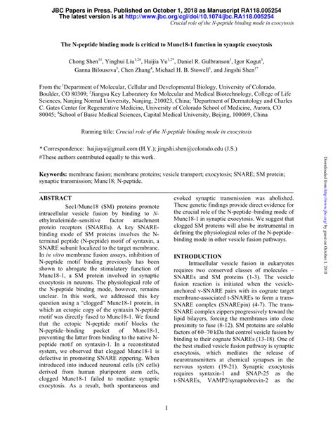 Pdf The N Peptide Binding Mode Is Critical To Munc18 1 Function In