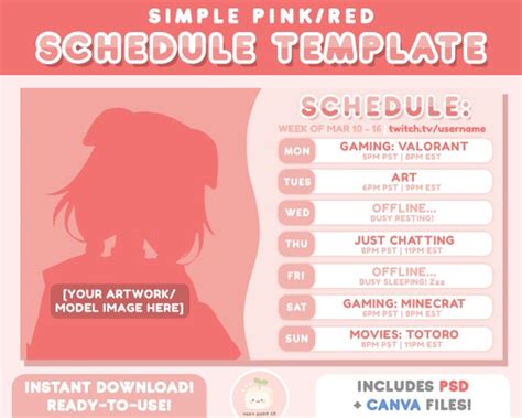 Simple Pink Red Twitch Stream Schedule Weekly Template Etsy