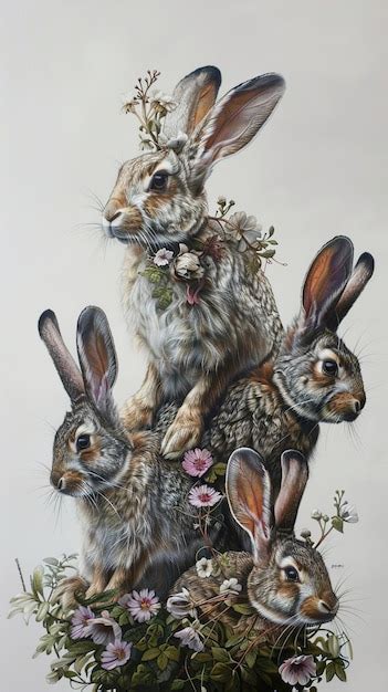 Premium Photo A Painting Of Rabbits With Flowers In The Background