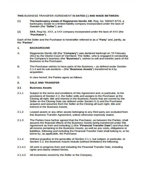 Business Transfer Agreement Template Printable Word Searches