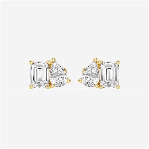 2 Ctw Emerald And Pear Lab Grown Diamond Two Stone Stud Earrings