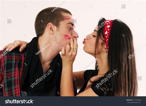 Insatiable Pretty Brunette Girl Stealing Kisses Stock Photo 172102583
