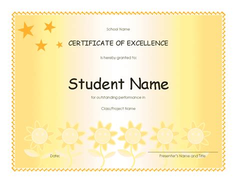 Student Excellence Award Elementary Free Certificate For Simple