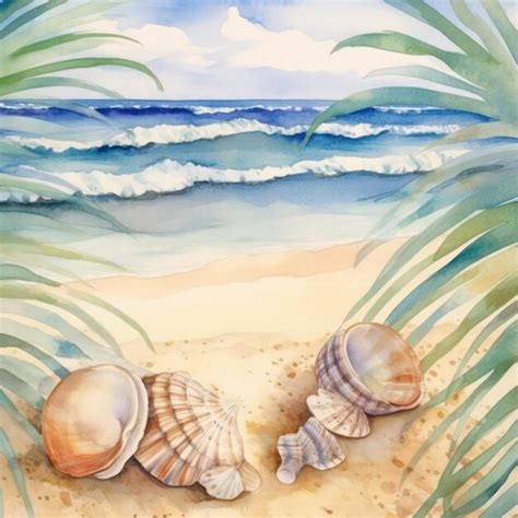 Una pintura de conchas en una playa con una palmera y el océano al