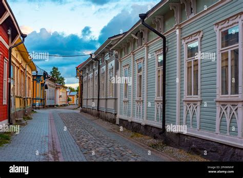 Sunset view of timber buildings at Vanha Rauma district of Rauma in ...