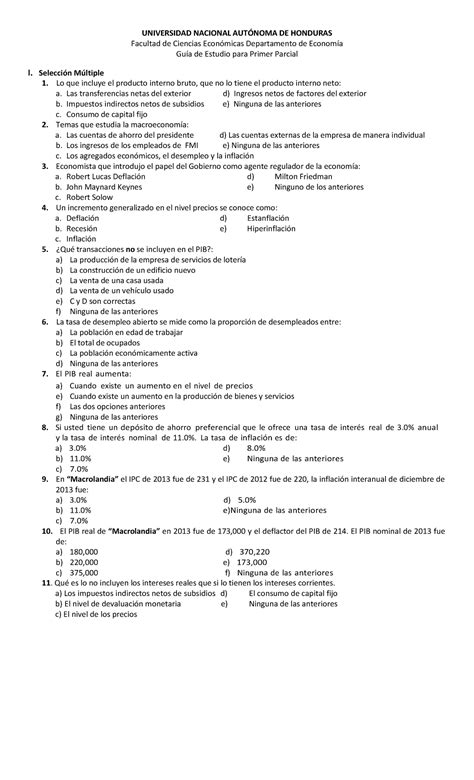 Gu A De Ejercicios Primer Parcial Macroeconom A Microeconom A I